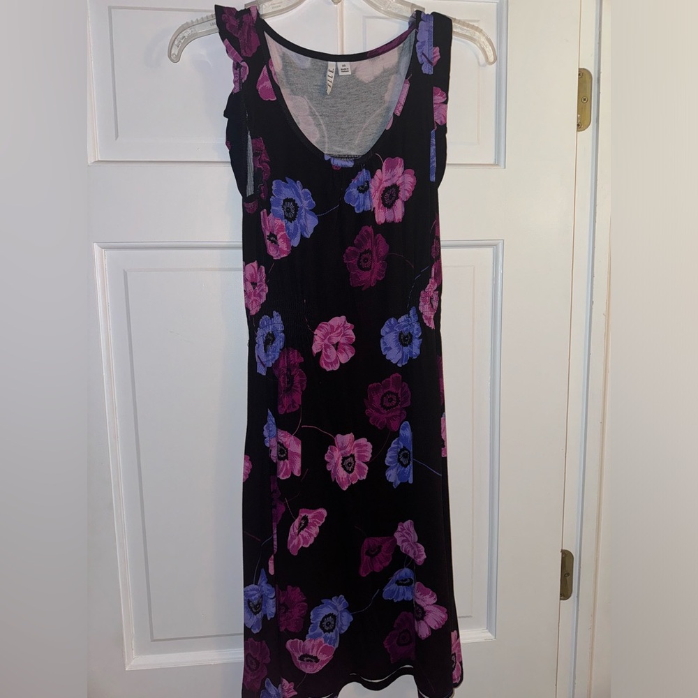 Floral Sleeveless Dress in Black with Pink and Purple Flowers